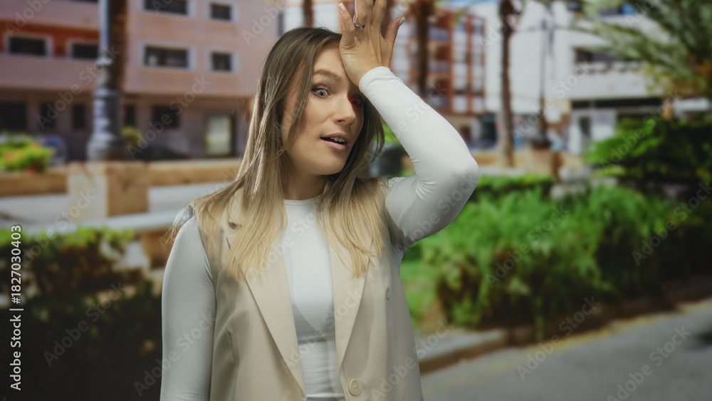 Fototapeta premium Woman outdoors in park gesturing remembering with hand on forehead looking thoughtful surrounded by urban buildings showing realization or recollection in casual attire