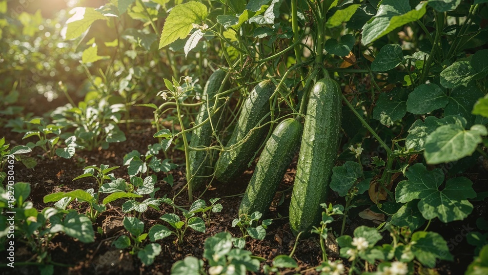 Obraz premium Cucumbers growing among green leaves and vines in a garden with sunlight filtering through. Vegetables and plant growth. The concept of gardening and agriculture.