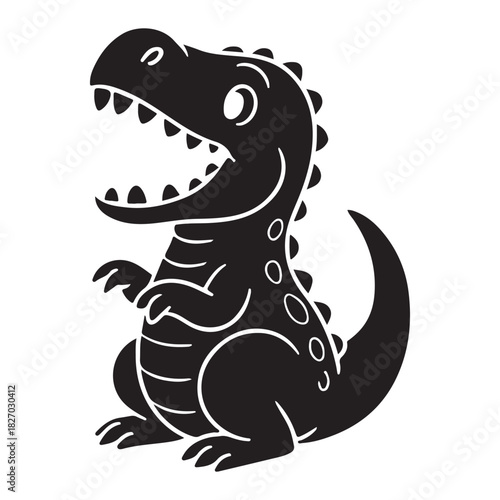 Cartoon black dinosaur with open mouth on white background