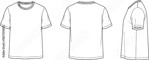 Blank men's t-shirt vector illustration, technical fashion flat sketch, front back side views, clothing design template, apparel mockup outline