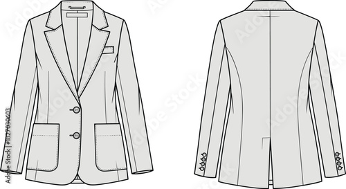 Blazer vector illustration, technical fashion flat sketch, front and back view, suit jacket template, formal coat design mockup