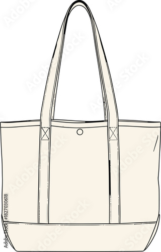 Canvas tote bag vector illustration, technical fashion flat sketch, blank shopper design template, accessory mockup drawing, eco friendly bag