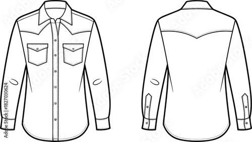 Classic Western Button-Up Shirt Long Sleeve Technical Flat Sketch Vector Template with Pointed Yokes and Snap Pockets for Fashion Design CAD