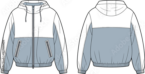 Color Block Windbreaker Bomber Jacket with Hood Technical Flat Sketch Vector Template for Men, Women, and Unisex Streetwear Apparel CAD
