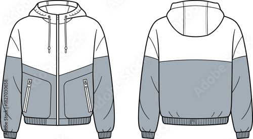 Color Block Windbreaker Jacket with Hood and Chevron Panel Technical Flat Sketch Vector for Unisex Casual and Sportswear Apparel CAD