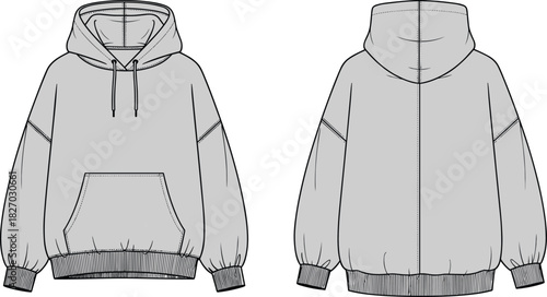 Grey oversized hoodie vector illustration, technical fashion flat sketch, front and back view, streetwear design template, apparel mockup drawing