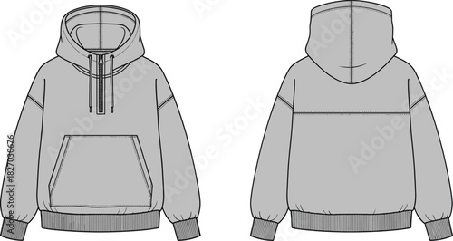 Half-zip hoodie vector illustration, technical fashion flat sketch, front and back view, kangaroo pocket, streetwear design template