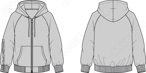 Grey zip-up hoodie vector illustration, technical fashion flat sketch, front and back view, raglan sleeve, apparel mockup design template