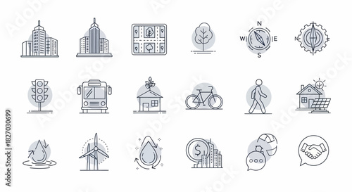 Collection of hand-drawn line art icons representing various aspects of city life and sustainability.