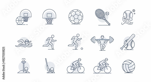 Collection of sports and recreation line icons for various athletic activities.