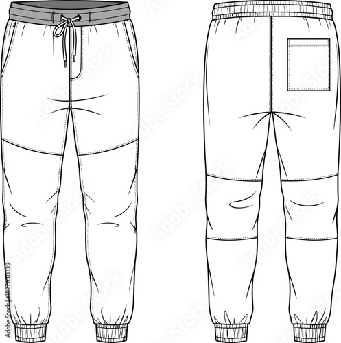 Men's joggers technical fashion flat sketch vector illustration, sweatpants with drawstring and pockets template, front and back view design.