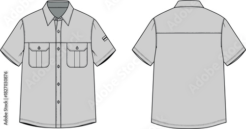 Men's short sleeve utility shirt vector illustration, technical fashion flat sketch, front back view, workwear uniform design template