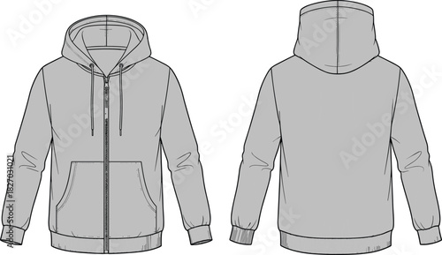 Men's zip-up hoodie vector illustration, technical fashion flat sketch, front and back views, raglan sleeve, apparel mockup design template