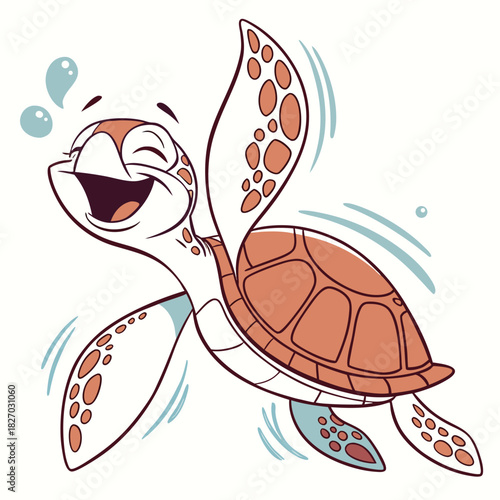 Joyful Cartoon Sea Turtle Character Swimming with Bubbles on White Background