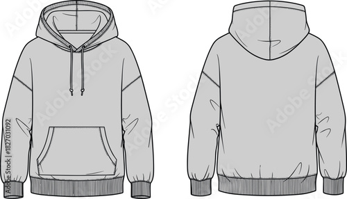 Oversized hoodie vector illustration, technical fashion flat sketch, front and back view, streetwear design template, apparel mockup drawing