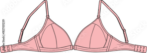 Pink triangle bra vector illustration, technical fashion flat sketch, lingerie design template, underwear mockup, front open view