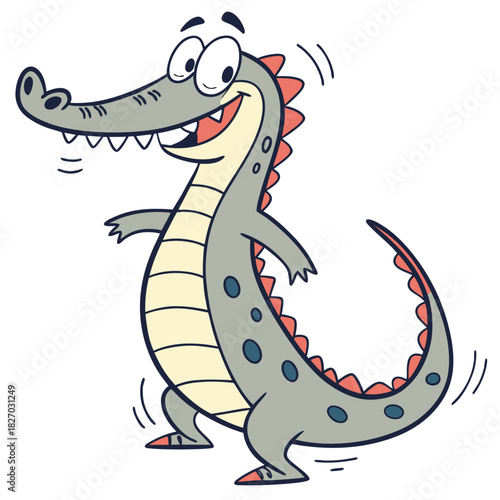 Joyful Gray Crocodile Character Standing Upright on White Background Cartoon