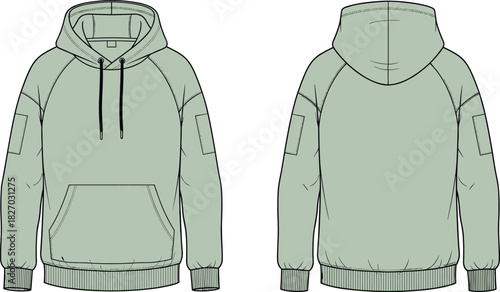 Raglan sleeve hoodie technical fashion flat sketch vector illustration, pullover sweatshirt with arm pockets template, front and back view design.