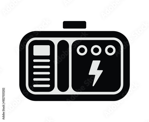 A black and white illustration of a portable power generator with an electrical symbol.