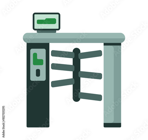 A modern turnstile gate with a digital display and access control panel stands ready.