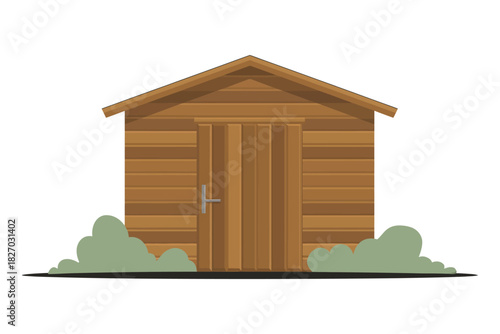 A simple wooden shed sits in front of green bushes on a white background.