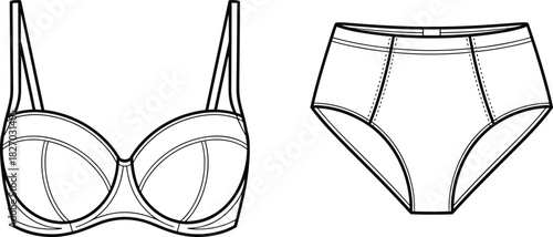 Technical fashion flat sketch vector illustration of women's lingerie set, underwire bra and high waist brief panties template.