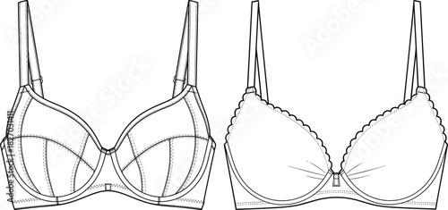 Women's bra vector illustration set, technical fashion flat sketch, lingerie design template, underwear mockup outline