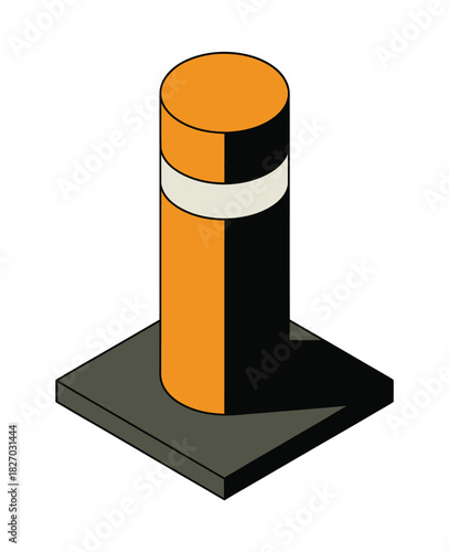 A cylindrical traffic bollard with orange and white stripes stands on a square base.