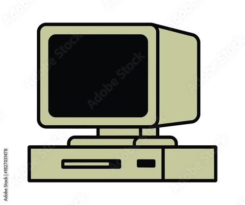 A retro beige computer monitor and base unit are depicted against a white background.