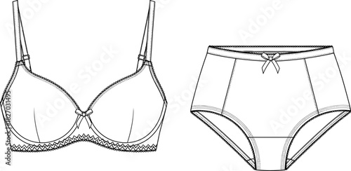 Women's lingerie set vector illustration, technical fashion flat sketch, bra and panties design template, underwear mockup, front view