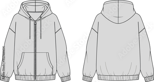 Zip up hoodie technical fashion flat sketch vector illustration, oversized sweatshirt template, front and back view grey mockup design.