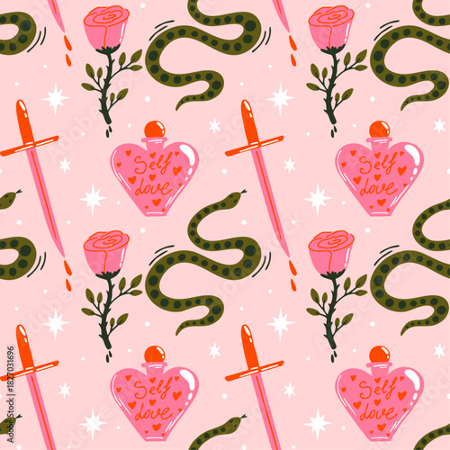 St. Valentine's Day seamless vector pattern design with whimsical fantasy romantic coquette cartoon illustration of witch love potion, rose flower, snake, sword for gift wrapping paper decoration