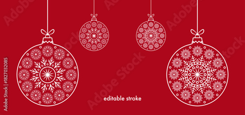 Abstract editable stroke vintage christmas baubles set with snowflake decoration on red backround. Balls with iceflake to use for christmas card, xmas, winter holiday, new year projects. 