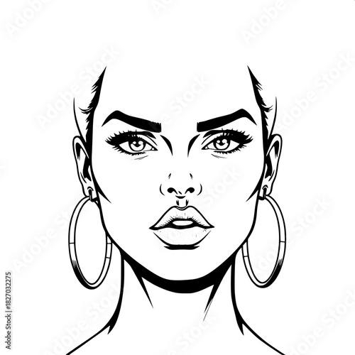 High-contrast line-art portrait of a woman with large hoop earrings and dramatic facial expressions, featuring raised eyebrows, pursed lips, and emphasized eyelashes, drawn with crisp vector lines aga
