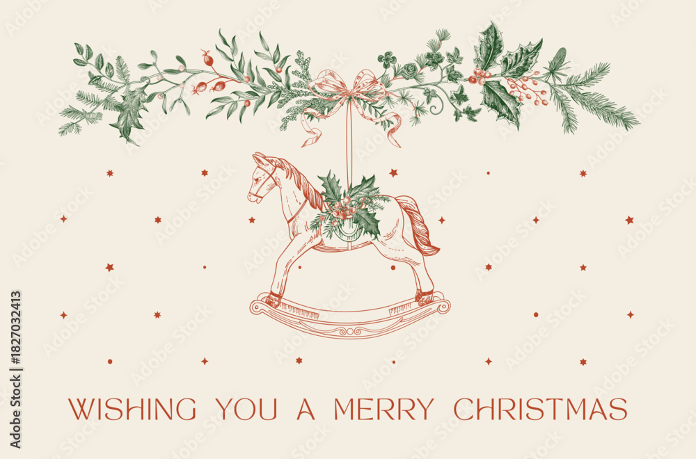 Obraz premium Greeting card. Floral winter garland and toy horse. Vintage christmas botanical illustration. Red and green