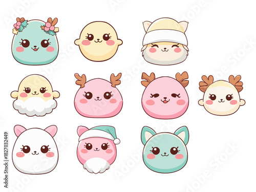 A cute collection of pastel Christmas characters with round faces, big sparkling eyes, blush cheeks, and festive details like antlers, hats, holly, and fluffy beards.