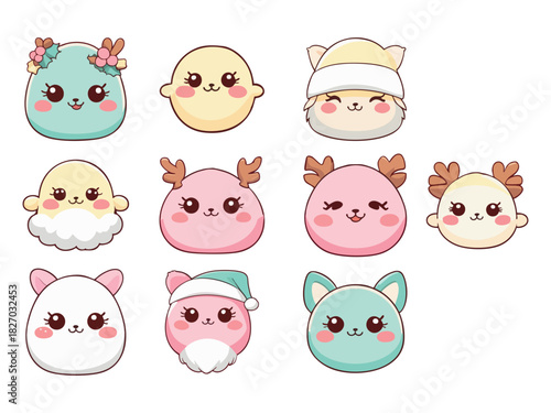 A cute collection of pastel Christmas characters with round faces, big sparkling eyes, blush cheeks, and festive details like antlers, hats, holly, and fluffy beards.