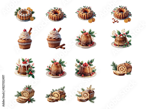 A festive collection of Christmas desserts including bundt cakes, cupcakes, puddings, and holiday rolls decorated with icing, berries, holly leaves, cinnamon sticks, and evergreen branches.