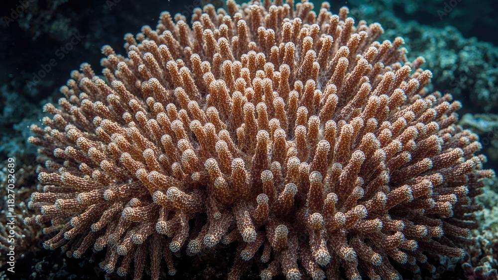 Obraz premium Coral colony under the sea, showcasing intricate branching structure and color. Marine life and underwater ecosystems. The concept of coral reefs and ocean biodiversity