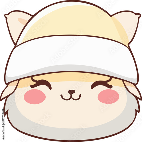 A cute kawaii-style cream-colored animal face with fluffy fur, a cozy white winter hat, rosy cheeks, and happy closed eyes.
