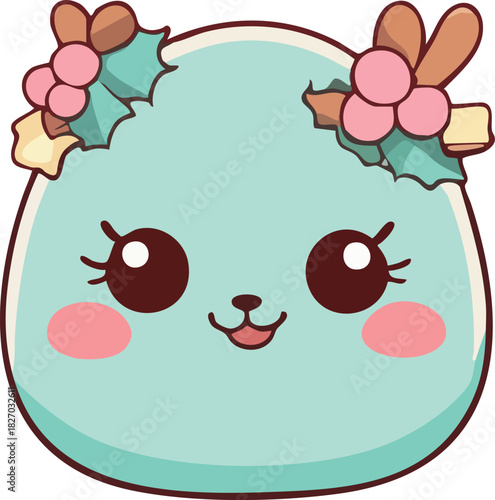 A cute mint-green kawaii character decorated with holly leaves, pink berries, and bows, featuring big sparkling eyes and rosy cheeks.