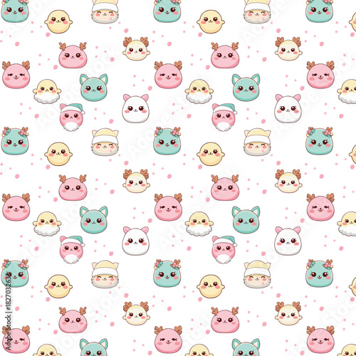 A seamless pastel kawaii pattern featuring adorable holiday characters with cute round faces, soft colors, rosy cheeks, and festive details scattered across a white background with pink dots.