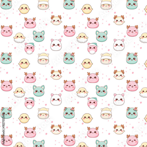 A seamless pastel kawaii pattern featuring adorable holiday characters with cute round faces, soft colors, rosy cheeks, and festive details scattered across a white background with pink dots.