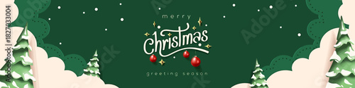 Horizontal green Merry Christmas and Happy New Year greeting card header banner in paper art style with snowy winter landscape snow covered trees for holiday message and festive background
