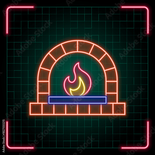 Fireplace icon illustration, Christmas vector symbol collection, cyber neon visual, glowing borders frames.