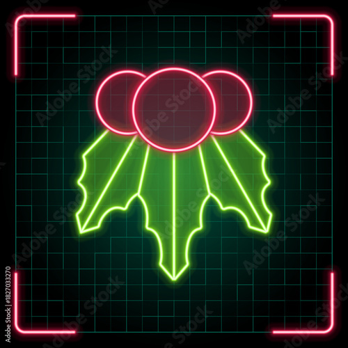 Mistletoe icon illustration, Christmas vector symbol collection, cyber neon visual, glowing borders frames.