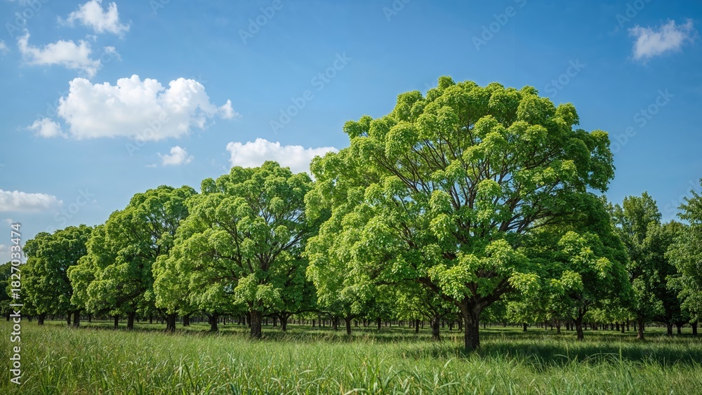 Fototapeta premium A row of lush green trees in a field under a blue sky with clouds.