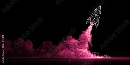 Rocket launching with a bright pink smoke effect in a digital art presentation