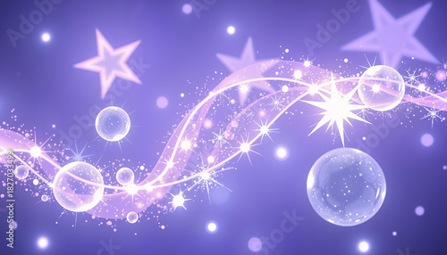 Festive background with sparkling bubbles and stars in a dreamy purple tone