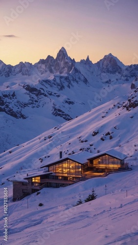 Scenic mountain lodge at sunset amidst snowy peaks in the Alps with warm lights glowing from the windows